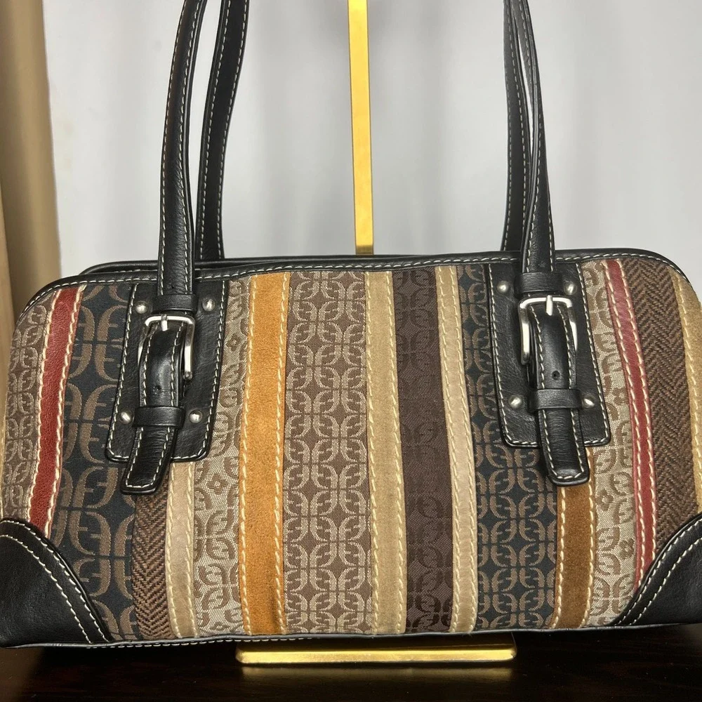 Vintage Fossil Hobo Patchwork Leather Suede Brown Mixed Media Dual Handle Purse